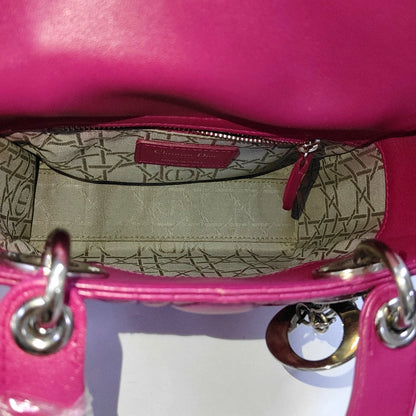DIOR Lady Dior Mini Pinkish Red Lamb Leather Quilted Grained Three Compartment Shoulder Bag Crossbody Bag Tote Bag Silver Hardware Removable Strap-(SKU)-968391657