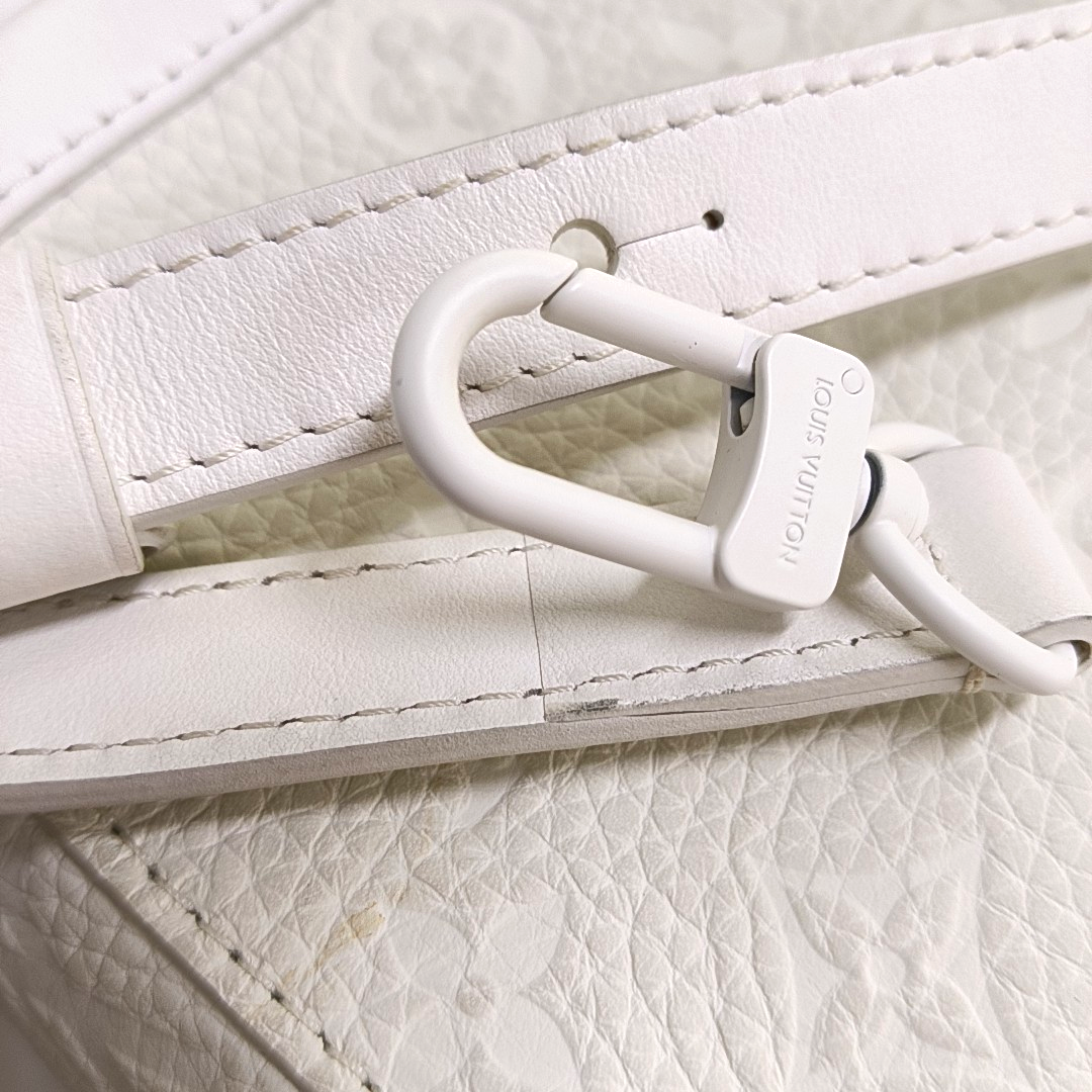 LOUIS VUITTON STEAMER Extra Small Size White Calfskin Monogram Embossed Crossbody Shoulder Bag Black Hardware Removable Shoulder Strap-(SKU)-961736730