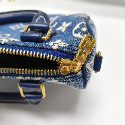 LOUIS VUITTON SPEEDY Nano Deep Blue Denim Monogram Boston Bag Shoulder Bag Tote Bag Crossbody Bag Gold Hardware Removable Strap-(SKU)-970980154