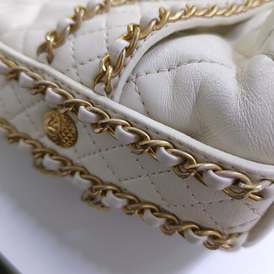 CHANEL DRAWSTRING Large White Lamb Leather Quilted Shoulder Bag with Removable Strap-(SKU)-963594078