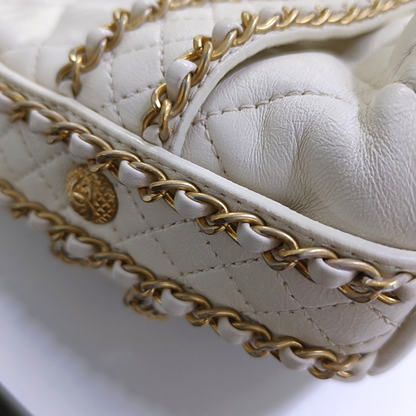 CHANEL DRAWSTRING Large White Lamb Leather Quilted Shoulder Bag with Removable Strap-(SKU)-963594078