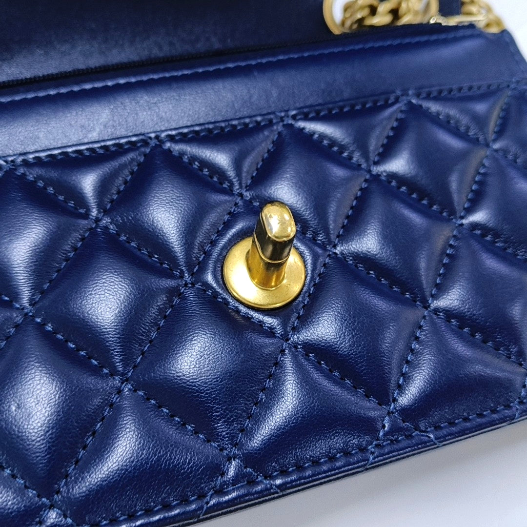 CHANEL 24B Dark Blue Lamb Skin Diamond Quilted Shoulder Bag Crossbody Bag Golden Hardware-(SKU)-965304712