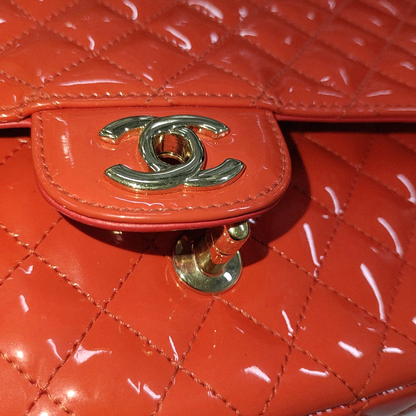 CHANEL CLASSIC FLAP medium size red patent leather quilted shoulder bag with 13 chain links, gold and black and red hardware-(SKU)-931805399