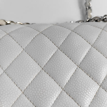 CHANEL CLASSIC FLAP Medium White Quilted Leather Grained Single Shoulder Bag Crossbody Bag with Silver Hardware 12 opening-(SKU)-961743438