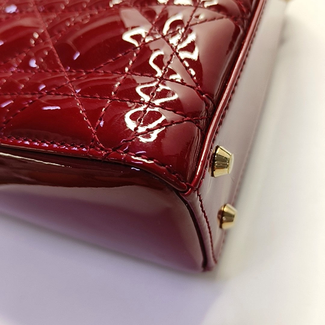 DIOR Lady Dior Mini Red Patent Leather Quilted Cannage Three-Panel Single Shoulder Bag Handbag Crossbody Bag Gold Hardware Removable Shoulder Strap-(SKU)-969715259