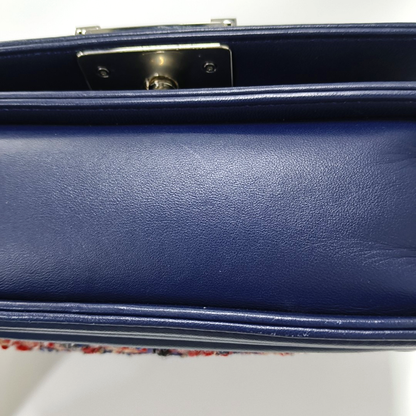 CHANEL BOY CHANEL Small Size Dark Blue Tweed Quilted V Pattern Crossbody Bag with Silver Hardware 24 Compartments Removable Shoulder Strap-(SKU)-946050754