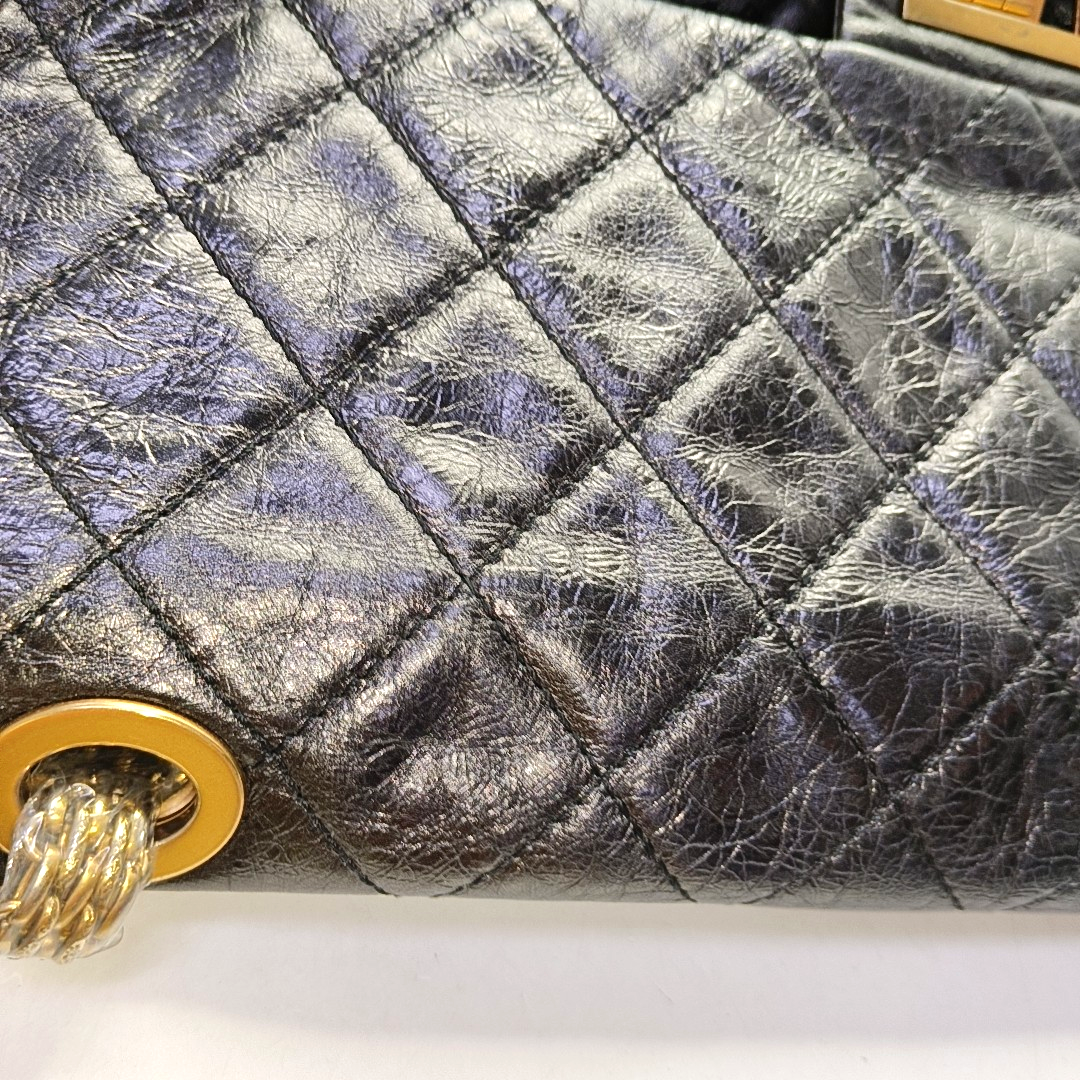 CHANEL 2.55 Black Calfskin Quilted Diamond Pattern Shoulder Bag Gold Hardware 12 Clasp-(SKU)-962208163