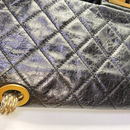 CHANEL 2.55 Black Calfskin Quilted Diamond Pattern Shoulder Bag Gold Hardware 12 Clasp-(SKU)-962208163