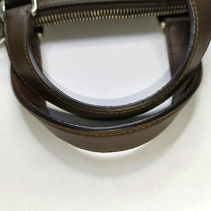 PRADA Dark Brown Cowhide Logo Crosshatch Handbag Silver Hardware-(SKU)-953376928
