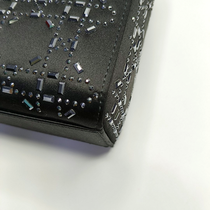 DIOR Lady Dior Mini Black Satin Cannage Quilted Three-Panel Hobo Bag Handbag Crossbody Bag Silver Hardware Removable Shoulder Strap-(SKU)-962820040