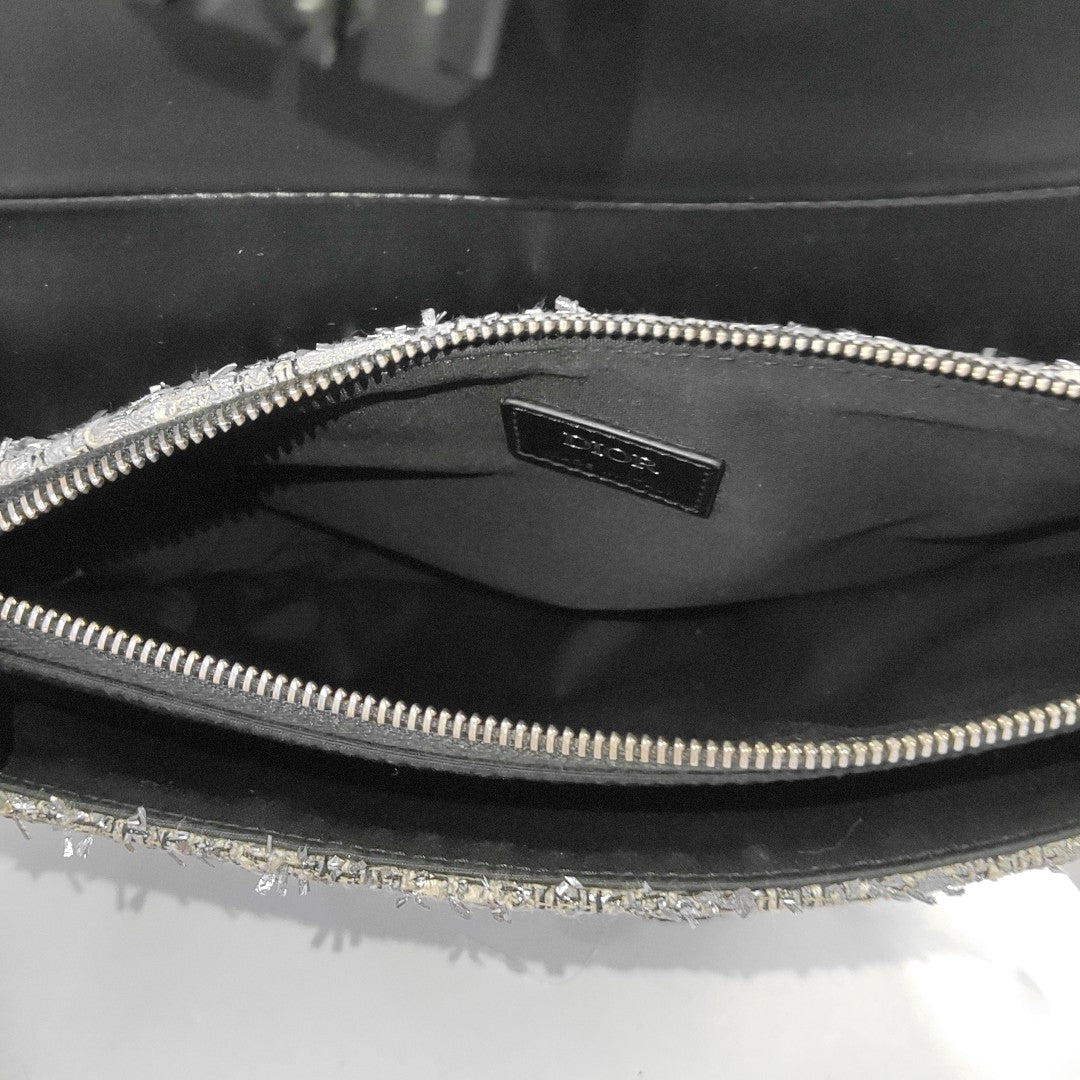 DIOR Saddle silver wool Cannage pattern saddle bag, shoulder bag, crossbody bag, handbag with silver hardware and 2 detachable straps-(SKU)-967667000