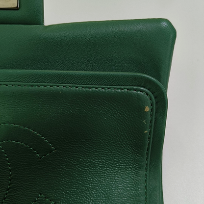 CHANEL 2.55 Small Green Patent Leather Quilted Chain Shoulder Bag with Silver Hardware, 14 Clasps-(SKU)-963604187