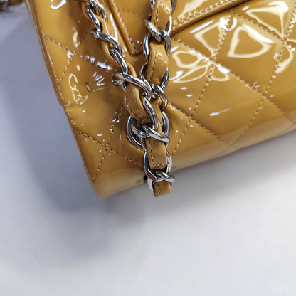 CHANEL CLASSIC FLAP Large Beige Patent Leather Quilted Diamond Pattern Shoulder Bag Handbag Crossbody Bag Silver Hardware 18 Clasp-(SKU)-947914762