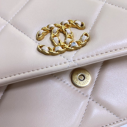 CHANEL CHANEL 19 WOC Beige Lamb Skin Quilted Stitched Crossbody Shoulder Bag Handbag Tote Bag Golden Silver Rhodium Hardware 31 Clasp-(SKU)-949178375