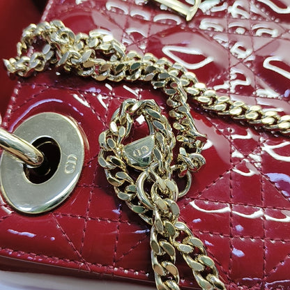 DIOR Lady Dior Mini Red Patent Leather Quilted Cannage Three-Panel Single Shoulder Bag Handbag Crossbody Bag Gold Hardware Removable Shoulder Strap-(SKU)-969715259