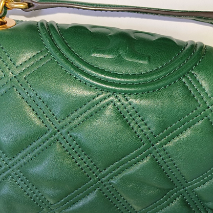 TORY BURCH Fleming Small size Dark Green Calfskin Quilted Crossbody Bag Single Shoulder Bag Golden hardware-(SKU)-942679197