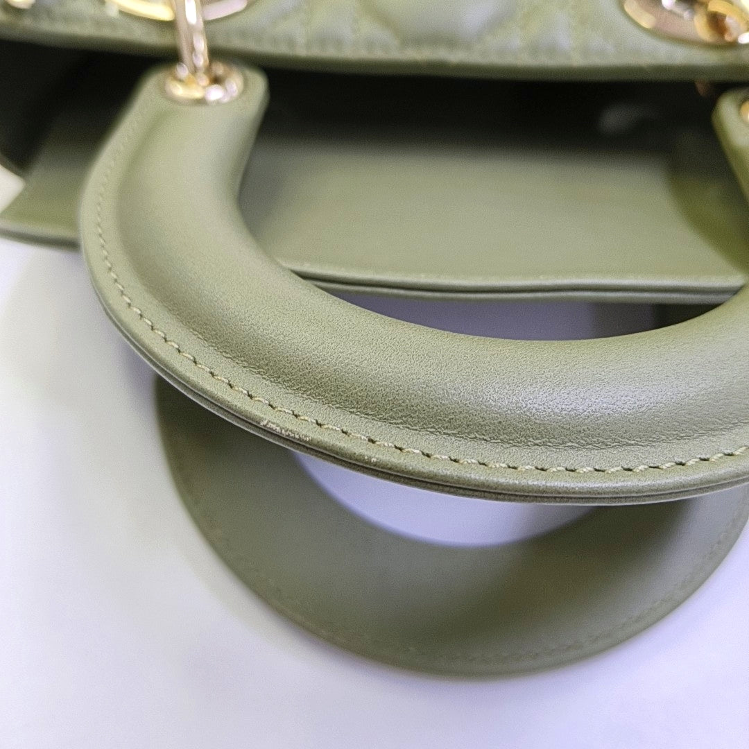 DIOR Lady Dior Small Green Lamb Skin Quilted Cannage Four-Gusset Shoulder Bag with Golden Hardware and Detachable Strap-(SKU)-968039587