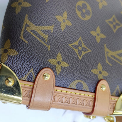 LOUIS VUITTON SIDE TRUNK Small Size Brown Coated Canvas Monogram Embossed Riveted Soft Box Shoulder Bag Tote Bag Crossbody Bag Gold Hardware Two Removable Straps-(SKU)-967707192