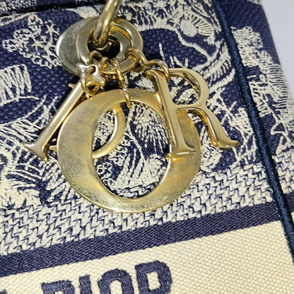 DIOR Lady D-Lite medium size blue fabric embroidered shoulder bag gold hardware detachable shoulder strap-(SKU)-934742654