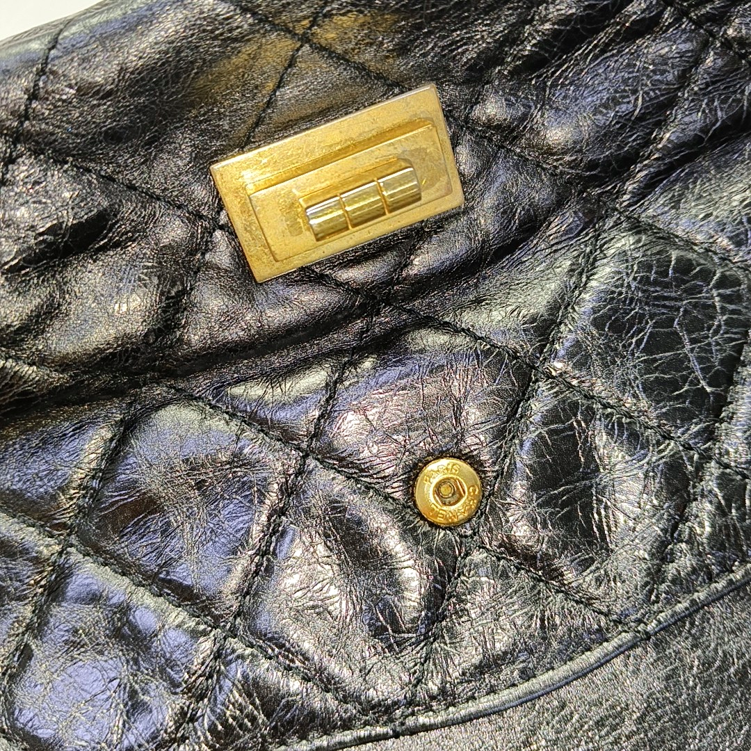 CHANEL 2.55 Black Calfskin Quilted Diamond Pattern Shoulder Bag Gold Hardware 12 Clasp-(SKU)-962208163