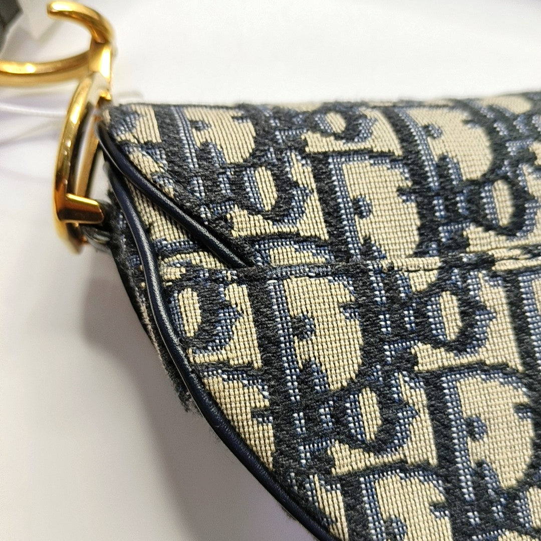DIOR Saddle Blue Canvas Monogram Saddle Bag Handbag Shoulder Bag Crossbody Bag with Gold Hardware Removable Strap-(SKU)-969434186