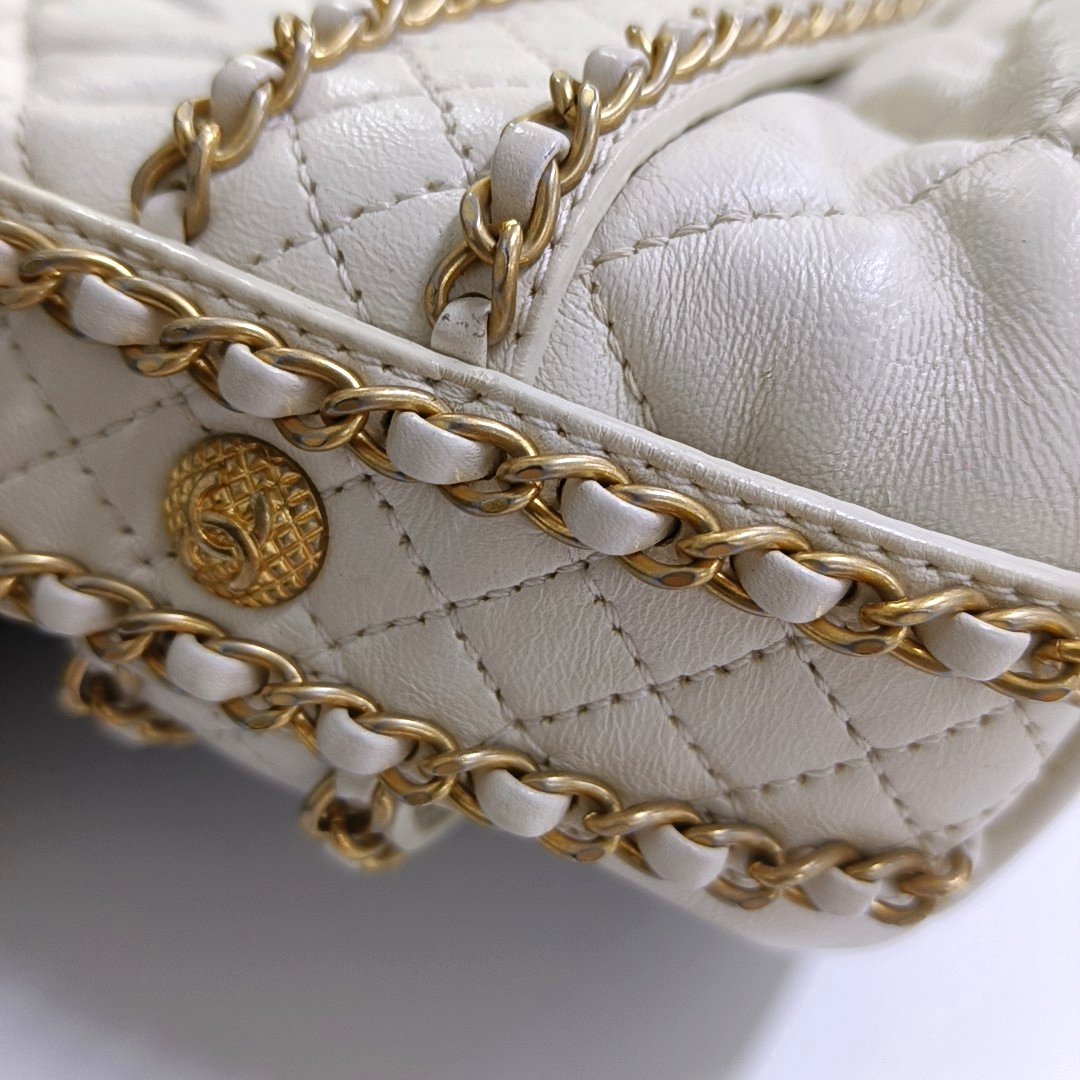 CHANEL DRAWSTRING Large White Lamb Leather Quilted Shoulder Bag with Removable Strap-(SKU)-963594078