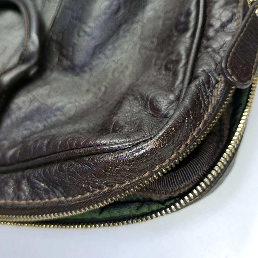 GUCCI Dark Brown Leather Vintage Embossed Tote Shoulder Bag Golden hardware-(SKU)-952168217