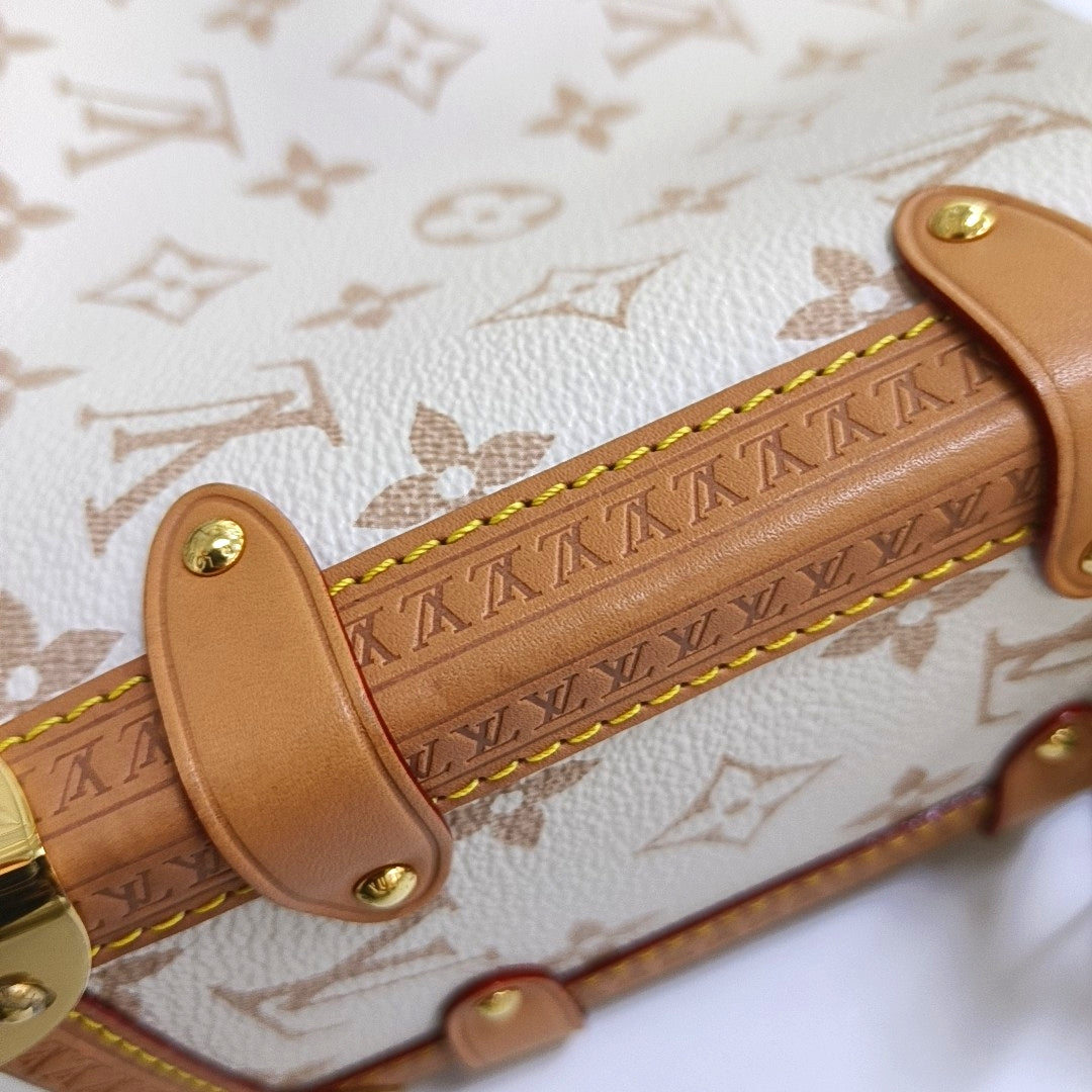 LOUIS VUITTON SOFT TRUNK Medium White Coated Canvas Monogram Soft Trunk Shoulder Bag with Detachable Strap, Gold Hardware-(SKU)-968883980