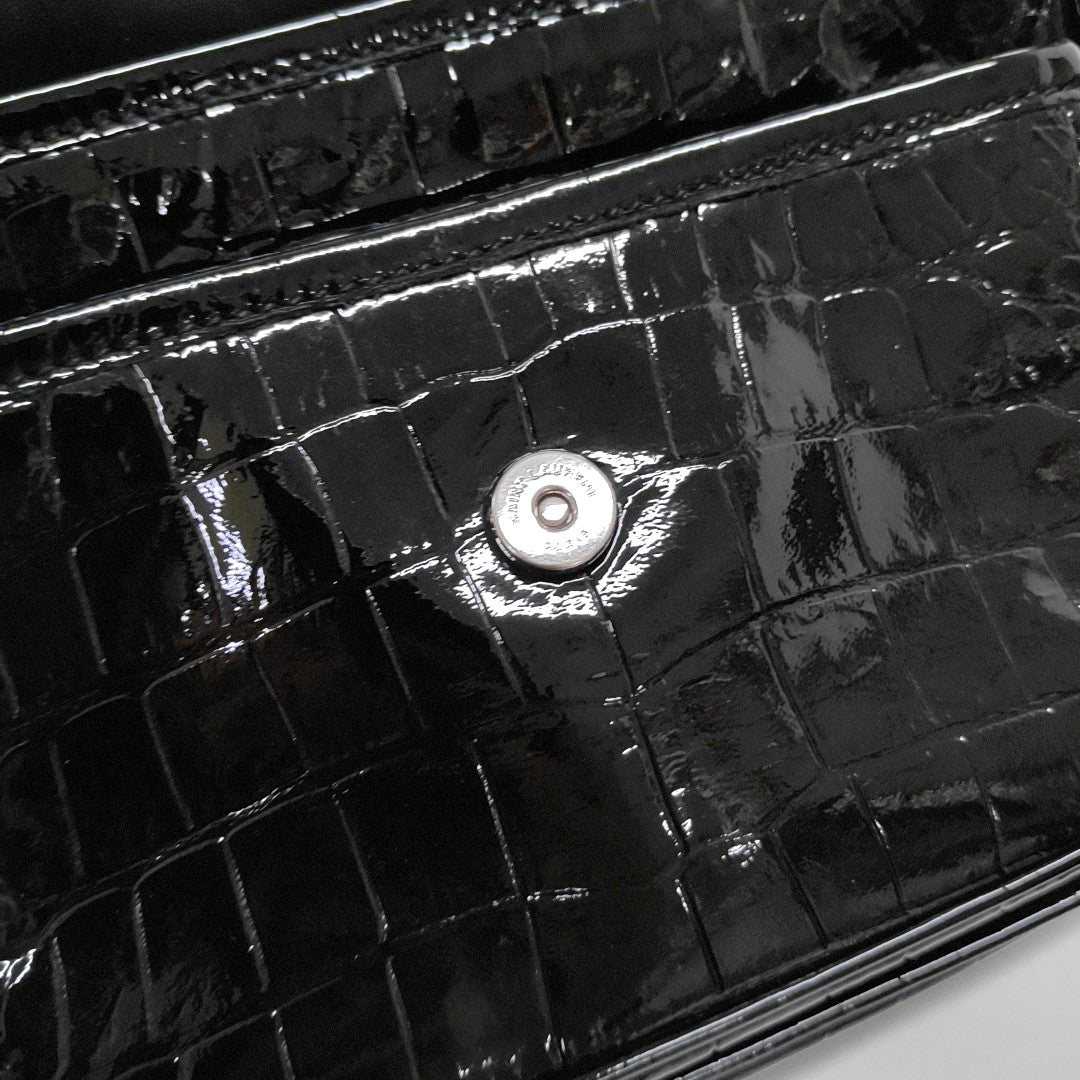 YSL NIKI Small Size Black Patent Leather Crocodile Embossed Single Shoulder Bag Crossbody Bag Palladium Hardware-(SKU)-965692565
