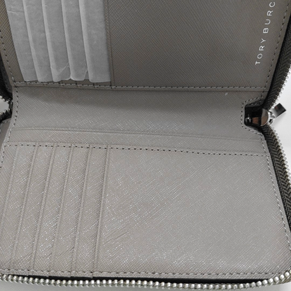 TORY BURCH Gray Leather Embossed Wallet Silver Hardware-(SKU)-14016199