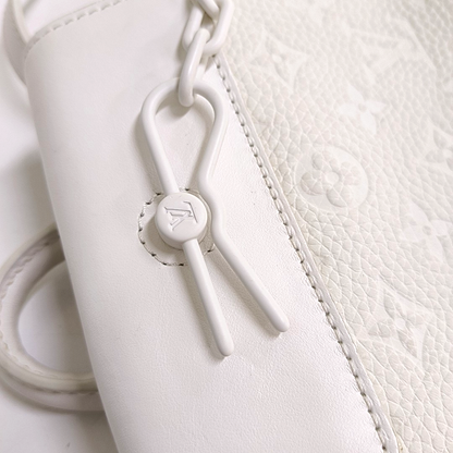 LOUIS VUITTON STEAMER Extra Small Size White Calfskin Monogram Embossed Crossbody Shoulder Bag Black Hardware Removable Shoulder Strap-(SKU)-961736730