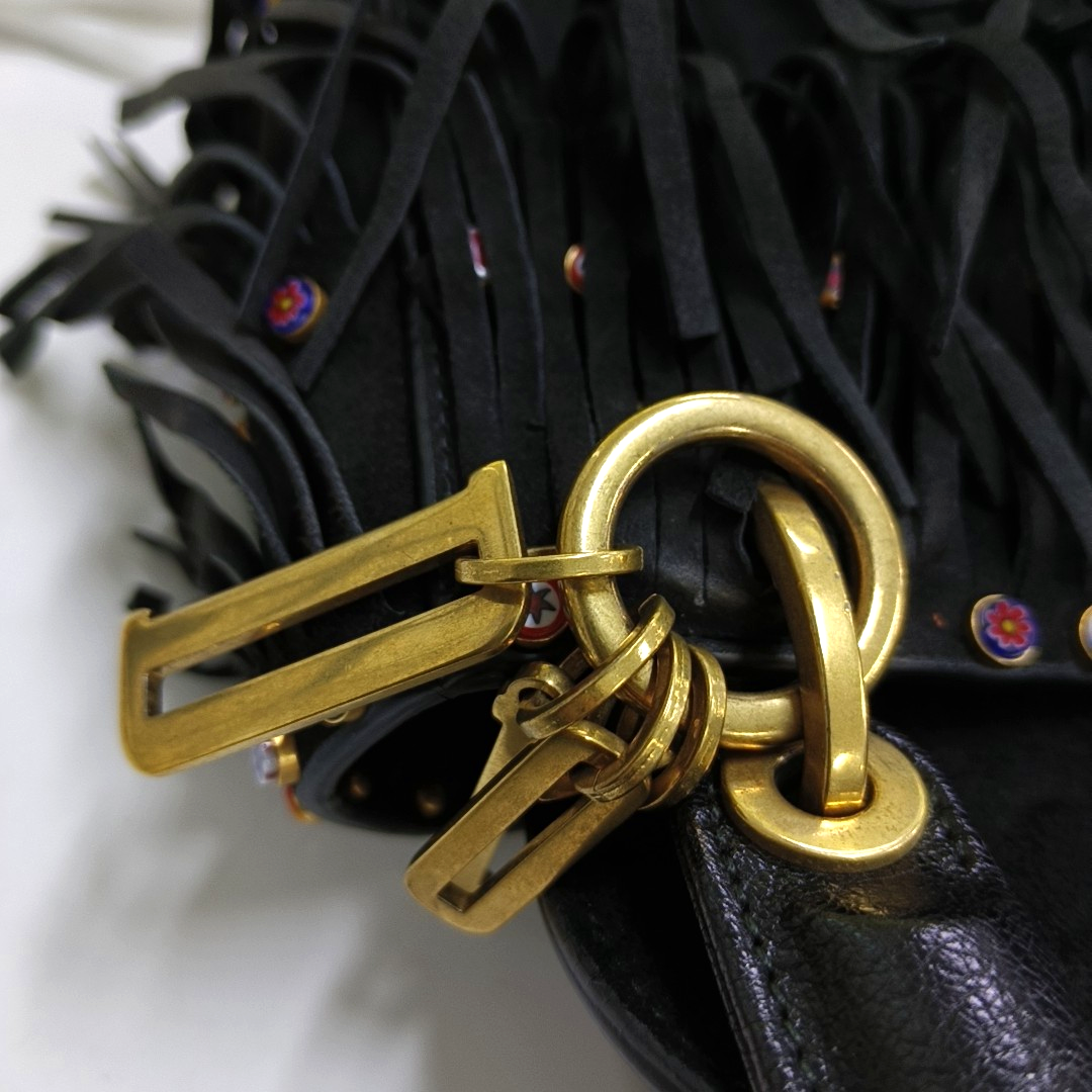 DIOR Lady Dior Mini Black Suede Leather Studded Fringe Crossbody Bag with Gold Hardware, Detachable Strap-(SKU)-961788599
