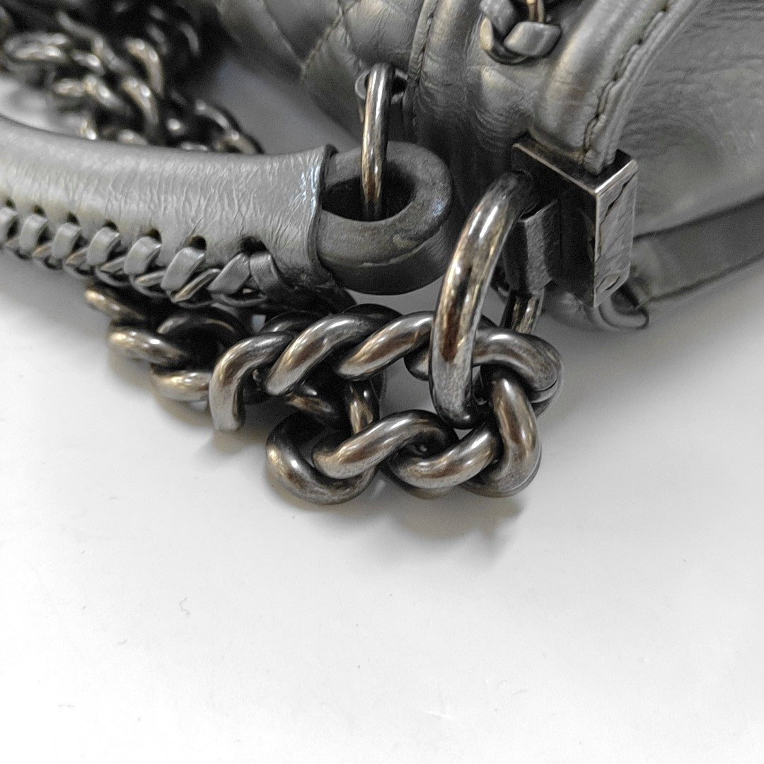 CHANEL BOY CHANEL Medium Silver Calfskin Quilted Shoulder Bag Crossbody Handbag Palladium Hardware 23 Clasp-(SKU)-969782038