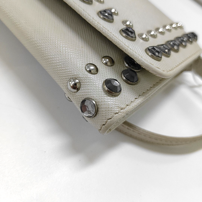 PRADA White Cowhide Crisscross Studs Single Shoulder Bag Crossbody Bag Silver Hardware Removable shoulder strap-(SKU)-935053572