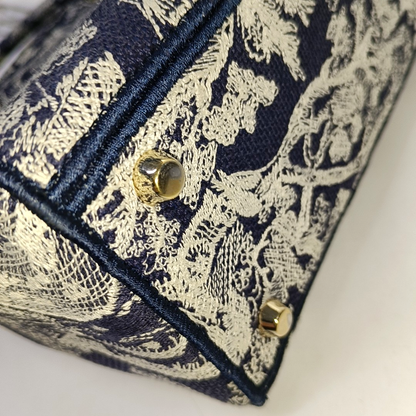DIOR Lady D-Lite medium size blue fabric embroidered shoulder bag gold hardware detachable shoulder strap-(SKU)-934742654