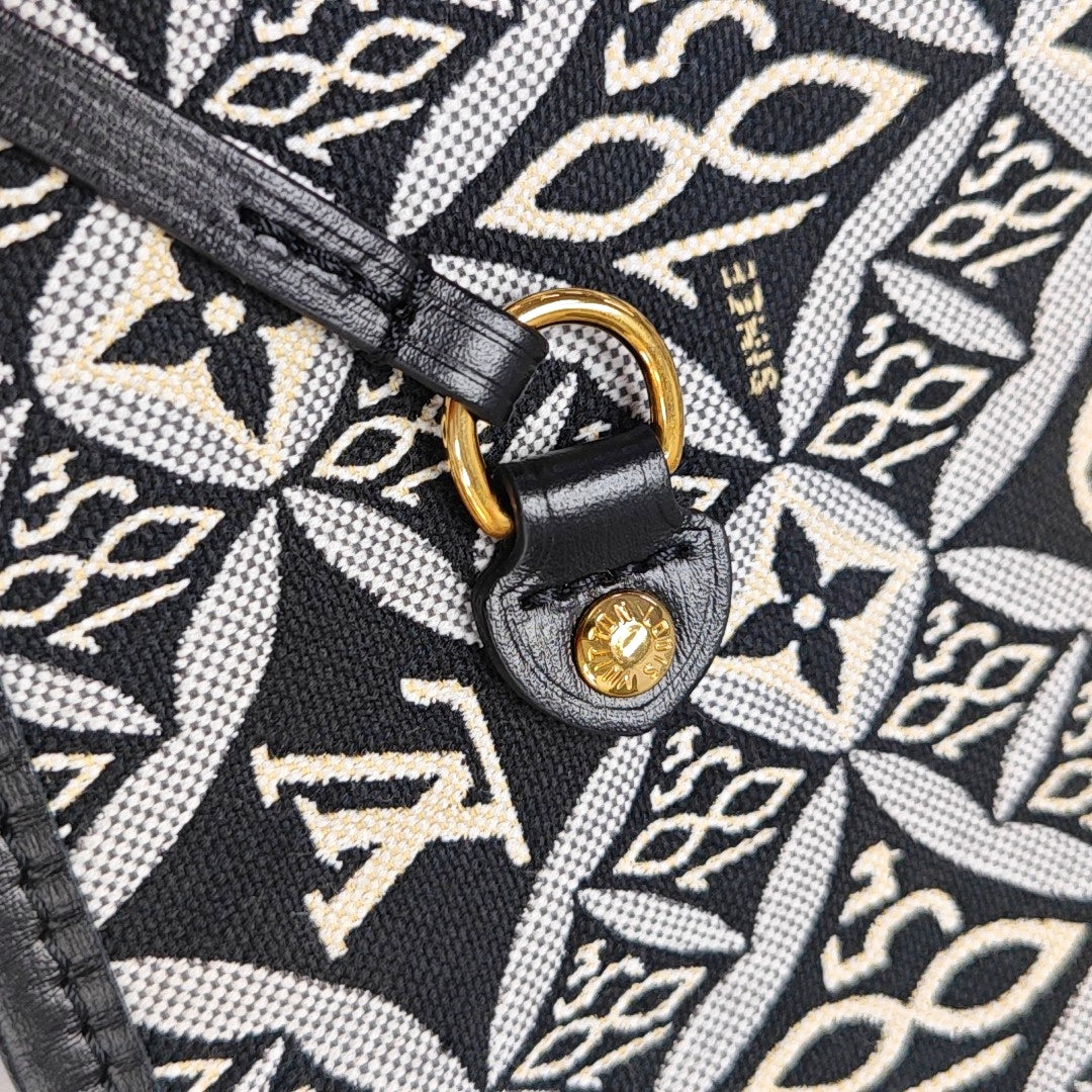 LOUIS VUITTON NEVERFULL Medium Black Fabric Floral Shopping Bag Shoulder Bag Tote Bag Gold Hardware Inner Pocket-(SKU)-970320625