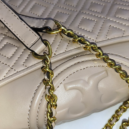TORY BURCH Fleming Small size Nude Pink Cowhide Quilted Fringe Shoulder Bag Crossbody Golden hardware-(SKU)-14255932