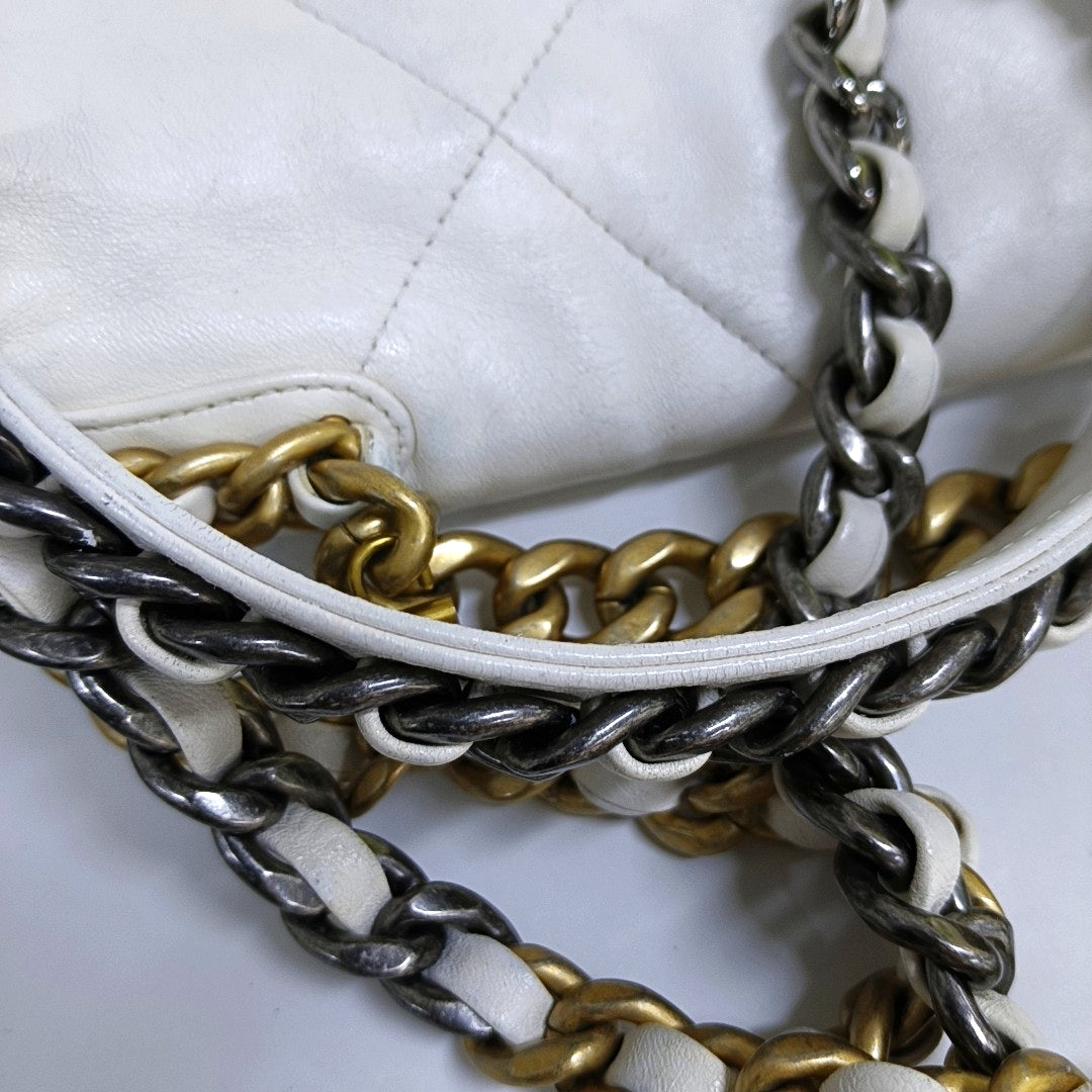 CHANEL CHANEL 19 Small White Lamb Skin Quilted Shoulder Bag Crossbody with Gold, Silver and Ruthenium Hardware 30 Clasp-(SKU)-969981633