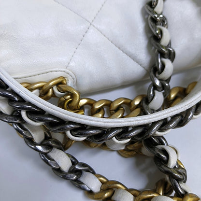 CHANEL CHANEL 19 Small White Lamb Skin Quilted Shoulder Bag Crossbody with Gold, Silver and Ruthenium Hardware 30 Clasp-(SKU)-969981633