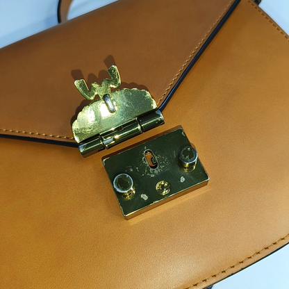 MCM PATRICIA Small size Brown Leather Bay Leaf Buckle Single Shoulder Bag Crossbody Bag Golden hardware-(SKU)-939142575