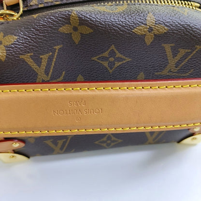LOUIS VUITTON SIDE TRUNK Small Size Brown Coated Canvas Monogram Embossed Riveted Soft Box Shoulder Bag Tote Bag Crossbody Bag Gold Hardware Two Removable Straps-(SKU)-967707192