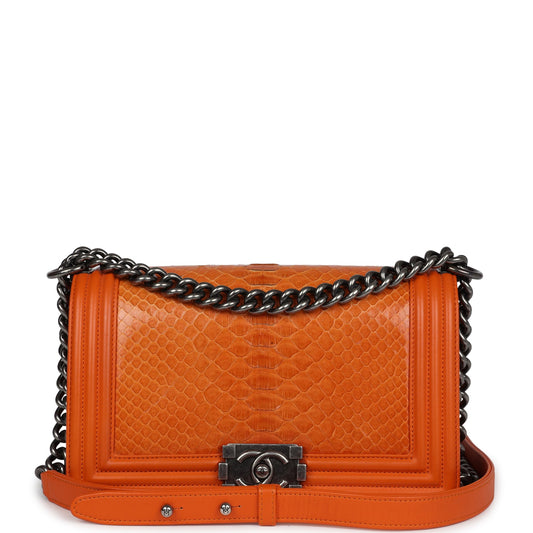 Pre-owned Chanel Medium Boy Bag Orange Python Aged Ruthenium Hardware