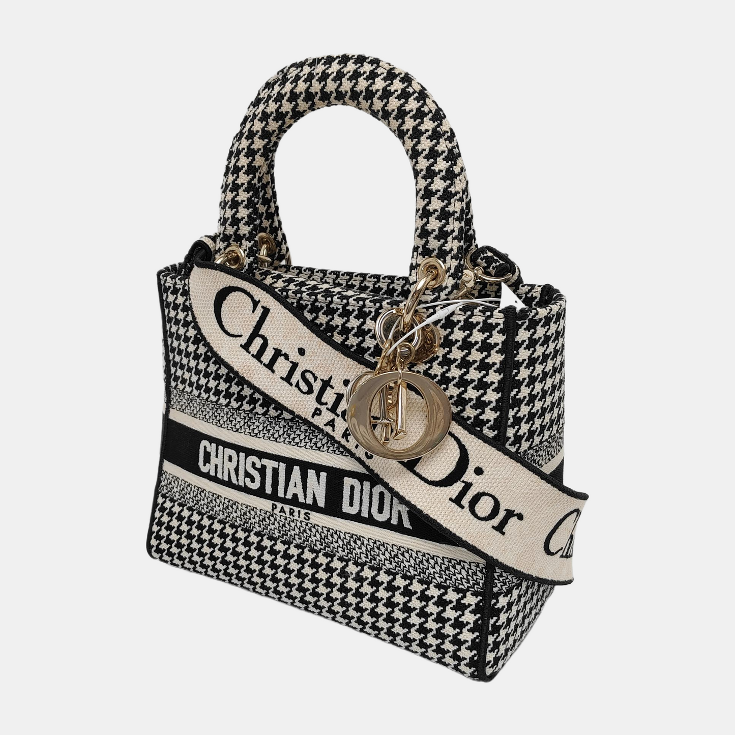 DIOR Lady D-Lite Medium Black Canvas Monogram Embossed Tweed Lady Dior Bag with Detachable Strap-(SKU)-943402222