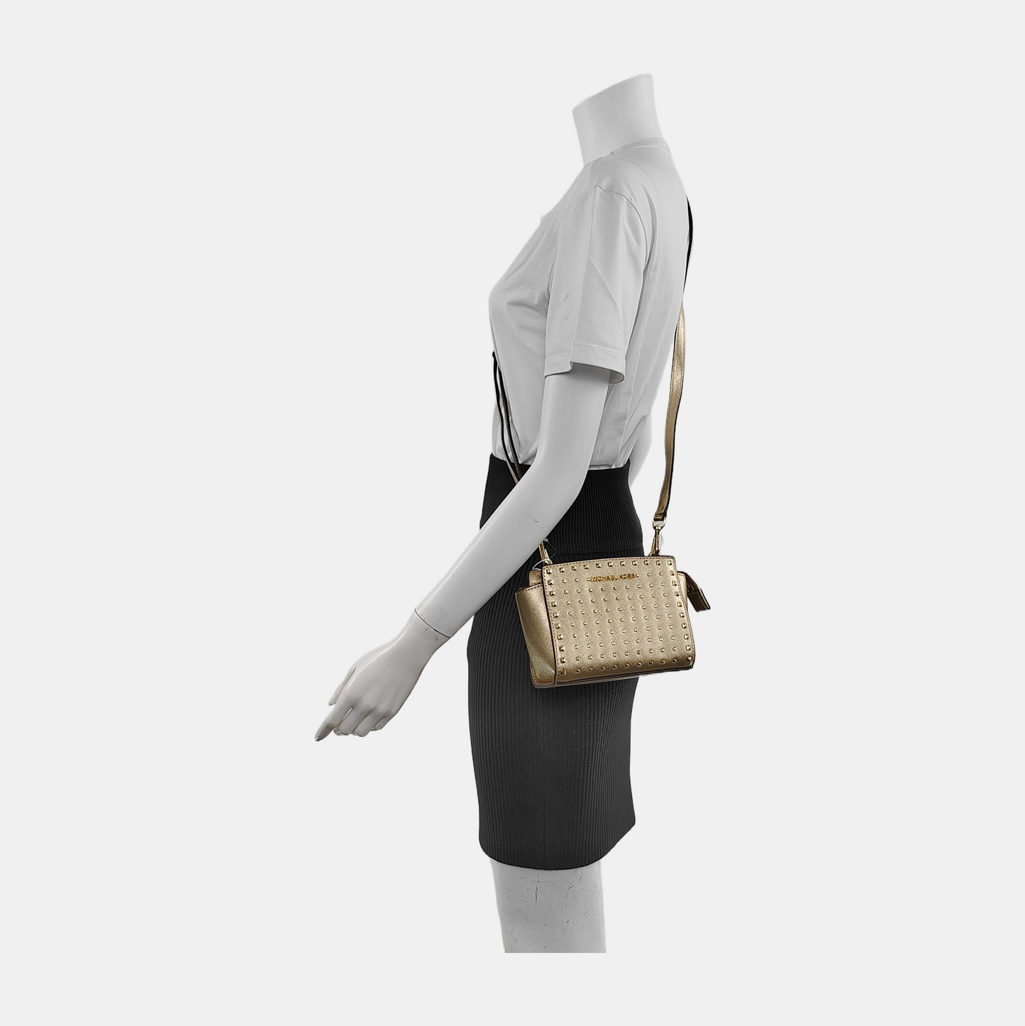 MICHAEL KORS Gold Leather Stud Crossbody Single Shoulder Bag Golden hardware Removable shoulder strap-(SKU)-940524037