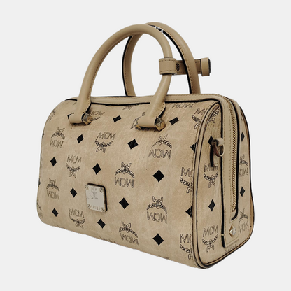 MCM ESSENTIAL Beige Coated Canvas Monogram Single Shoulder Bag Handbag Crossbody Golden hardware Removable shoulder strap-(SKU)-941521981
