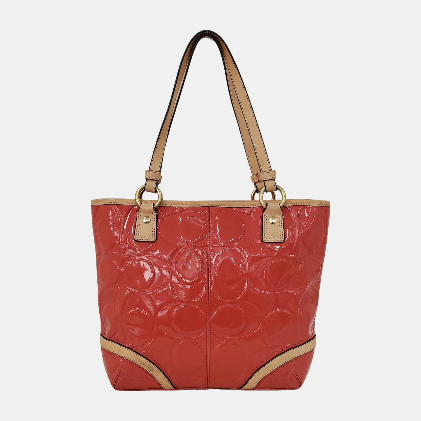 COACH Tote bag Orange Leather Old Flower Embossed Single Shoulder Bag Golden hardware-(SKU)-943933653