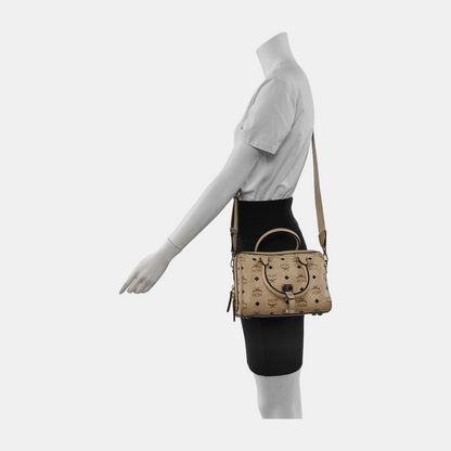 MCM ESSENTIAL Beige Coated Canvas Monogram Single Shoulder Bag Handbag Crossbody Golden hardware Removable shoulder strap-(SKU)-941521981