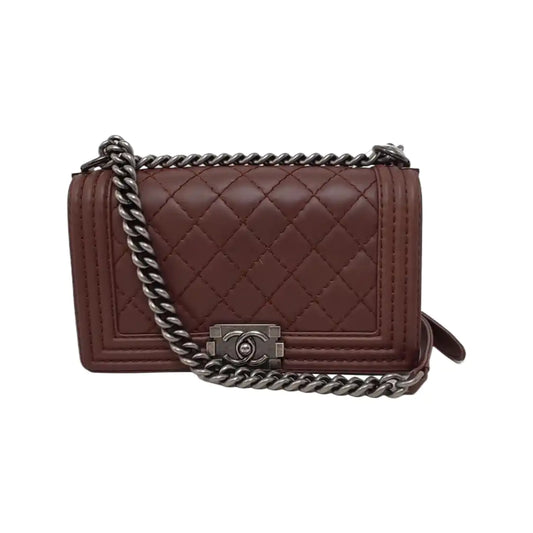 CHANEL BOY CHANEL Medium Burgundy Calfskin Quilted Shoulder Bag Tote Crossbody Bag Ruthenium Hardware 18K Clasp-(SKU)-946021622