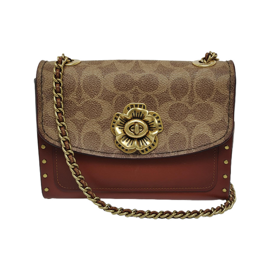 COACH PARKER 18 Brown Coated Canvas Monogrammed Studs Crossbody Shoulder Bag Golden hardware-(SKU)-940154037