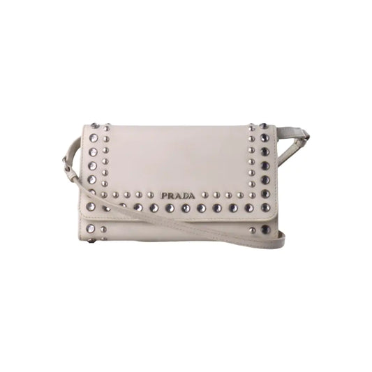 PRADA White Cowhide Crisscross Studs Single Shoulder Bag Crossbody Bag Silver Hardware Removable shoulder strap-(SKU)-935053572